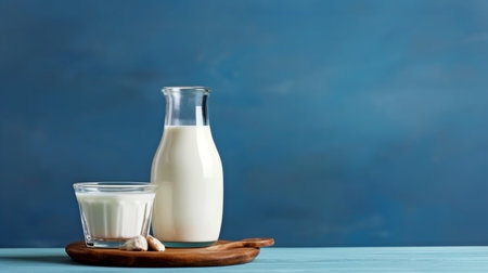 a milk bottle and glass on a wooden table against a blue backdrop. GENERATE AIの素材