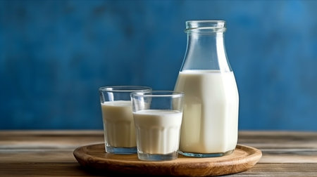 a milk bottle and glass on a wooden table against a blue backdrop. GENERATE AIの素材