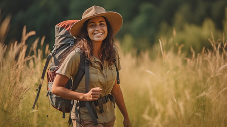 Young lady camping and trekking in the wilderness. GENERATE AIの素材