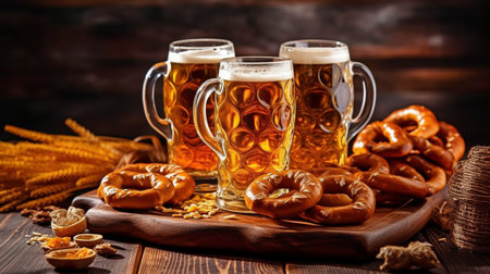 On a wooden table are beer cups and pretzels. Oktoberfest. Festival of beer. GENERATE AIの素材