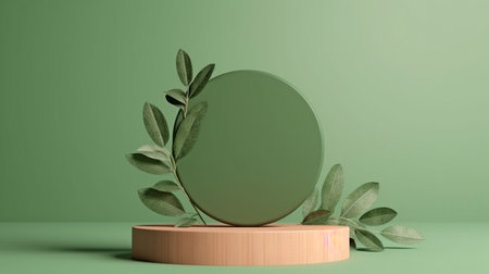 Display on a 3D wooden platform with leaf shadow. green background in the copy space. Mockup for a cosmetics or beauty product. pedestal made of untreated wood. trendy 3D render illustration in the art deco style. GENERATE AIの素材