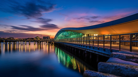 Long exposure of the Infinite Bridge and Aarhus Bay at dawn, Denmark, Aarhus.  GENERATE AIの素材