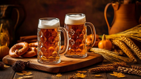 On a wooden table are beer cups and pretzels. Oktoberfest. Festival of beer. GENERATE AIの素材