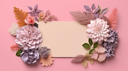 Inventive flower and leaf arrangement on a paper card note. Lay flat. Nature-based idea.  GENERATE AIの素材