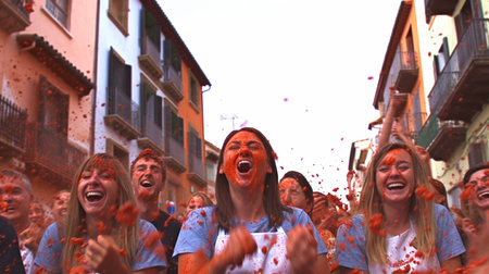 People shouting and joking amid the tomato crush at the La Tomatina Festival in Bunol, Spain. GENERATE AIの素材