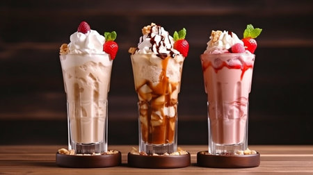 At a wooden board on a table background, three delectable milkshakes with almonds, caramel, strawberry, and whipped cream. GENERATE AIの素材