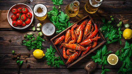 A beer party. Crayfish and crawfish still life on a rustic, old-growth timber background. looking up. Overhead. room for copying. GENERATE AIの素材
