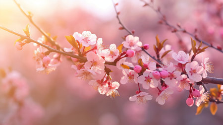 Background of a springtime bloom. Scene in the outdoors with a tree in blossom and sun flare. Springtime blooms. Stunning orchard. GENERATE AIの素材