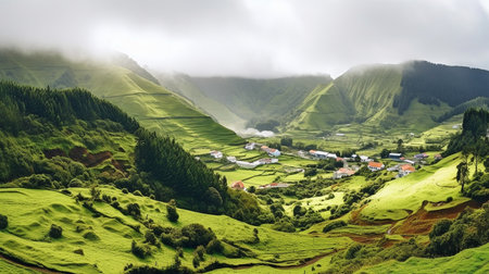 Azores island Ponta Delgada's mountainous terrain.  GENERATE AIの素材