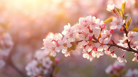 Background of a springtime bloom. Scene in the outdoors with a tree in blossom and sun flare. Springtime blooms. Stunning orchard. GENERATE AIの素材