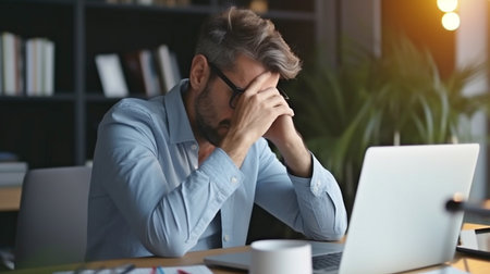 Businessman working in the office with a headache, fatigue, and computer-related eye strain. Workplace study on a PC by a professional male employee who is also suffering from exhaustion and migraines.  GENERATE AIの素材