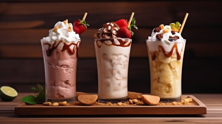 At a wooden board on a table background, three delectable milkshakes with almonds, caramel, strawberry, and whipped cream. GENERATE AIの素材
