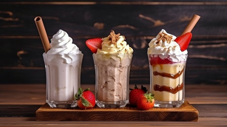 At a wooden board on a table background, three delectable milkshakes with almonds, caramel, strawberry, and whipped cream. GENERATE AIの素材