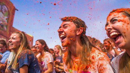 People shouting and joking amid the tomato crush at the La Tomatina Festival in Bunol, Spain. GENERATE AIの素材