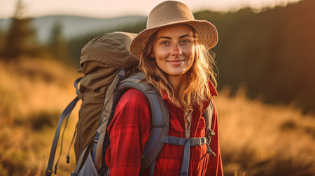 Young lady camping and trekking in the wilderness. GENERATE AIの素材