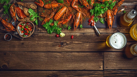A beer party. Crayfish and crawfish still life on a rustic, old-growth timber background. looking up. Overhead. room for copying. GENERATE AIの素材