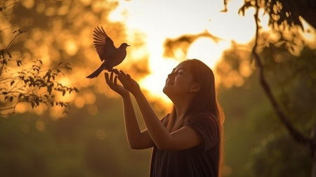 Hope idea with praying woman and free bird taking in the scenery against a sunset background. GENERATE AIの素材
