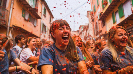 People shouting and joking amid the tomato crush at the La Tomatina Festival in Bunol, Spain. GENERATE AIの素材