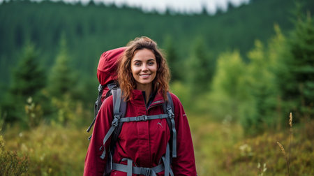 Young lady camping and trekking in the wilderness. GENERATE AIの素材