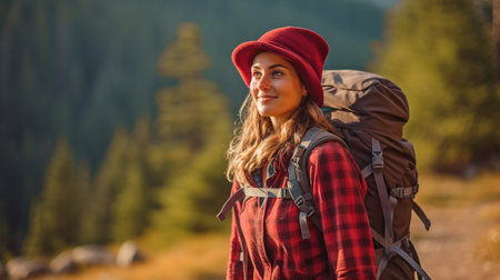 Young lady camping and trekking in the wilderness. GENERATE AIの素材
