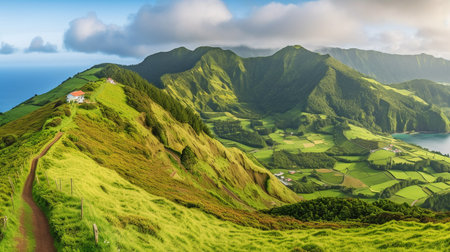 Azores island Ponta Delgada's mountainous terrain.  GENERATE AIの素材
