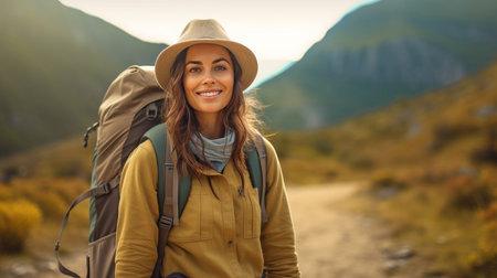 Young lady camping and trekking in the wilderness. GENERATE AIの素材