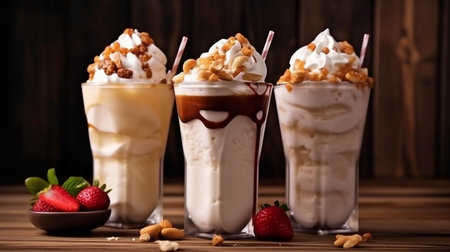 At a wooden board on a table background, three delectable milkshakes with almonds, caramel, strawberry, and whipped cream. GENERATE AIの素材