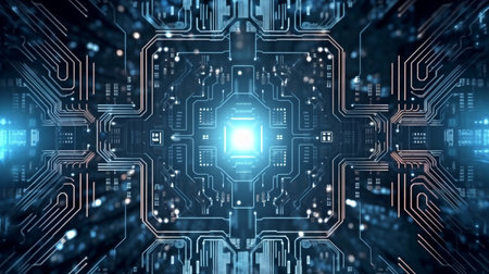 Background of an electrical circuit in the far future, in a two-dimensional picture. GENERATE AIの素材