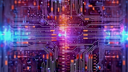 Background of an electrical circuit in the far future, in a two-dimensional picture. GENERATE AIの素材