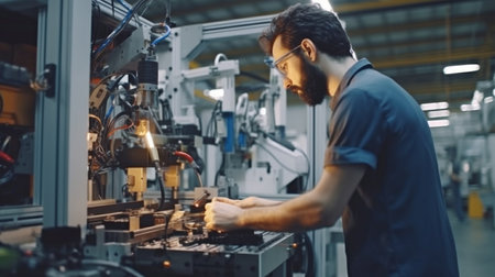 In a factory with large machinery, an engineer inspects the machines for compliance with safety regulations. Robotic production process quality control through inspection. GENERATE AIの素材