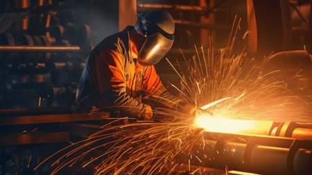 Digital visualization for Industry 4.0: Heavy Industry Welder Working, Welding Inside Pipe. NLG Natural Gas and Fuels Transport Pipeline Construction. Concept for Clean Green Power and Energy. GENERATE AIの素材