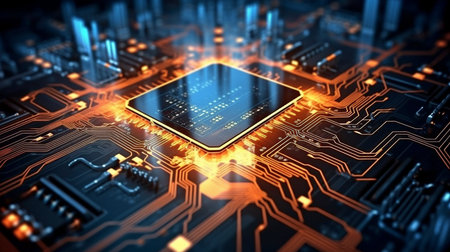 Background of an electrical circuit in the far future, in a two-dimensional picture. GENERATE AIの素材
