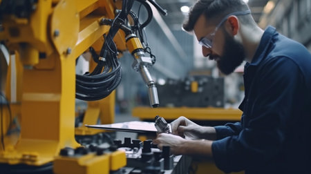 In a factory with large machinery, an engineer inspects the machines for compliance with safety regulations. Robotic production process quality control through inspection. GENERATE AIの素材