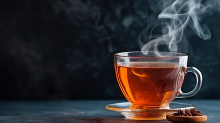 Steaming cup of hot tea on a dark, rural background. room for copying. GENERATE AIの素材