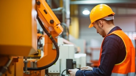In a factory with large machinery, an engineer inspects the machines for compliance with safety regulations. Robotic production process quality control through inspection. GENERATE AIの素材