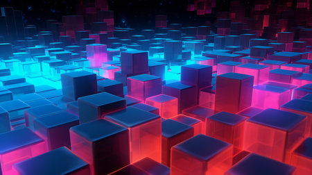 Neon cubes on an abstract 3D backdrop. GENERATE AIの素材
