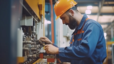 In a factory with large machinery, an engineer inspects the machines for compliance with safety regulations. Robotic production process quality control through inspection. GENERATE AIの素材