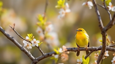 Bird perched on a springtime blooming tree limb. GENERATE AIの素材