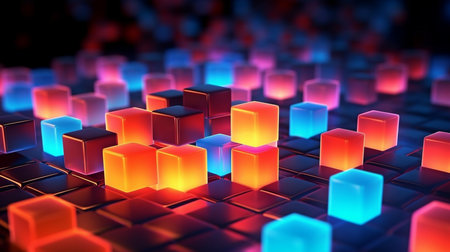 Neon cubes on an abstract 3D backdrop. GENERATE AIの素材