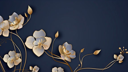 Elegant dark blue backdrop with an ornate golden line pattern. For wallpaper, banners, posters, invitations, and packaging design, orchid blooms are drawn in line. Image in vector format.  GENERATE AIの素材