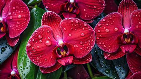 Top view of red orchid blooms with moist leaves in a tropical setting and a water drop arrangement.  GENERATE AIの素材