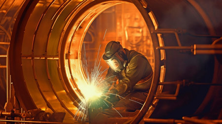 Digital visualization for Industry 4.0: Heavy Industry Welder Working, Welding Inside Pipe. NLG Natural Gas and Fuels Transport Pipeline Construction. Concept for Clean Green Power and Energy. GENERATE AIの素材