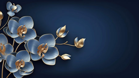 Elegant dark blue backdrop with an ornate golden line pattern. For wallpaper, banners, posters, invitations, and packaging design, orchid blooms are drawn in line. Image in vector format.  GENERATE AIの素材