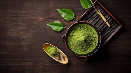 a traditional Japanese product. Matcha green tea is arranged in a bowl and sprinkled against a background of dark wood. GENERATE AIの素材