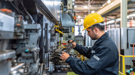 In a factory with large machinery, an engineer inspects the machines for compliance with safety regulations. Robotic production process quality control through inspection. GENERATE AIの素材
