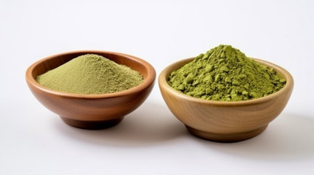 Green tea leaf and powder on a white background.  GENERATE AIの素材