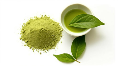 Green tea leaf and powder on a white background.  GENERATE AIの素材