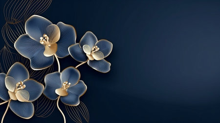 Elegant dark blue backdrop with an ornate golden line pattern. For wallpaper, banners, posters, invitations, and packaging design, orchid blooms are drawn in line. Image in vector format.  GENERATE AIの素材