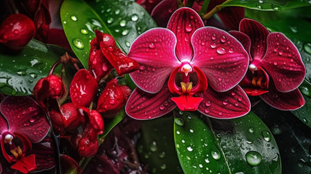 Top view of red orchid blooms with moist leaves in a tropical setting and a water drop arrangement.  GENERATE AIの素材