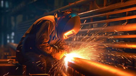 Digital visualization for Industry 4.0: Heavy Industry Welder Working, Welding Inside Pipe. NLG Natural Gas and Fuels Transport Pipeline Construction. Concept for Clean Green Power and Energy. GENERATE AIの素材